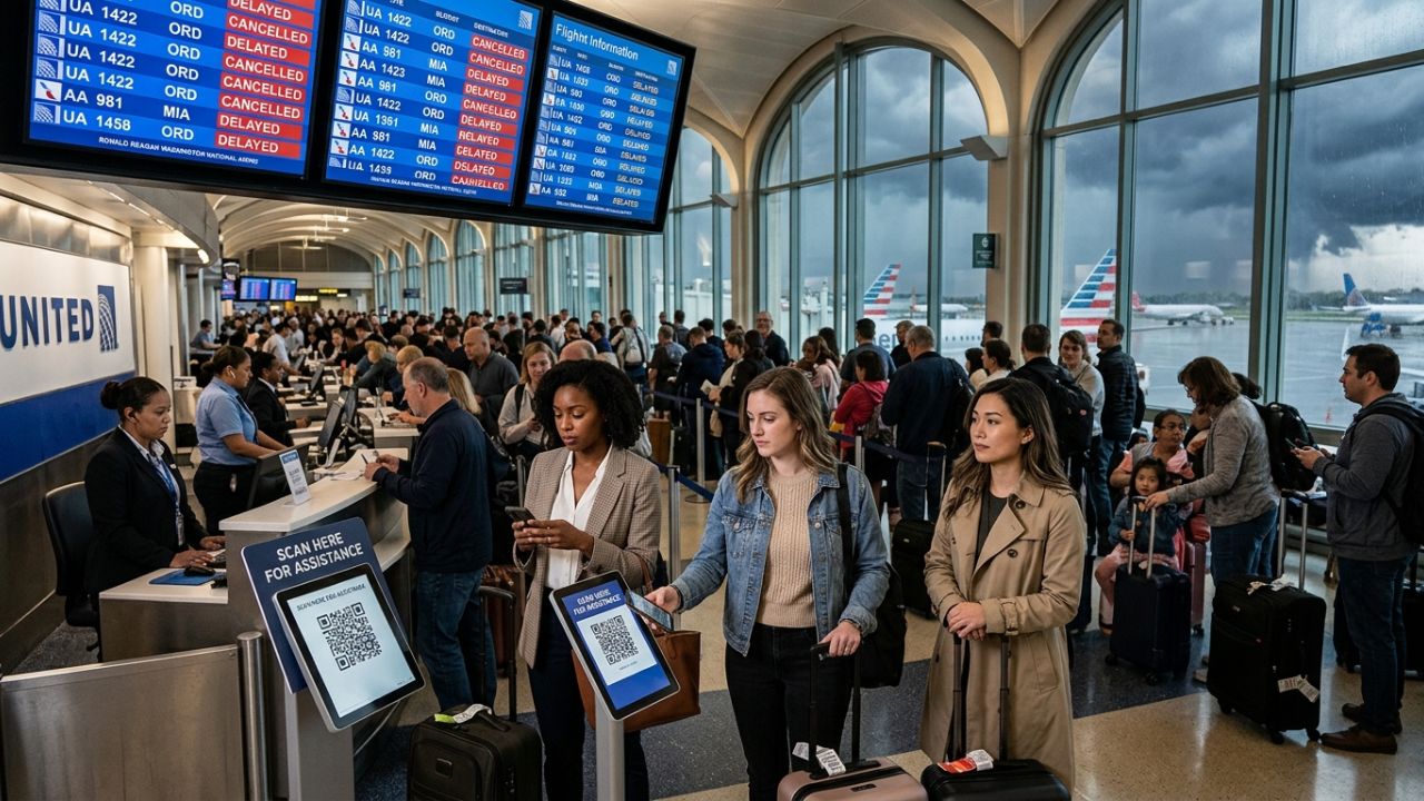 A highly congested airport terminal at Washington DCA showing stranded passengers struggling with mobile phones and QR codes amidst massive flight cancellations.