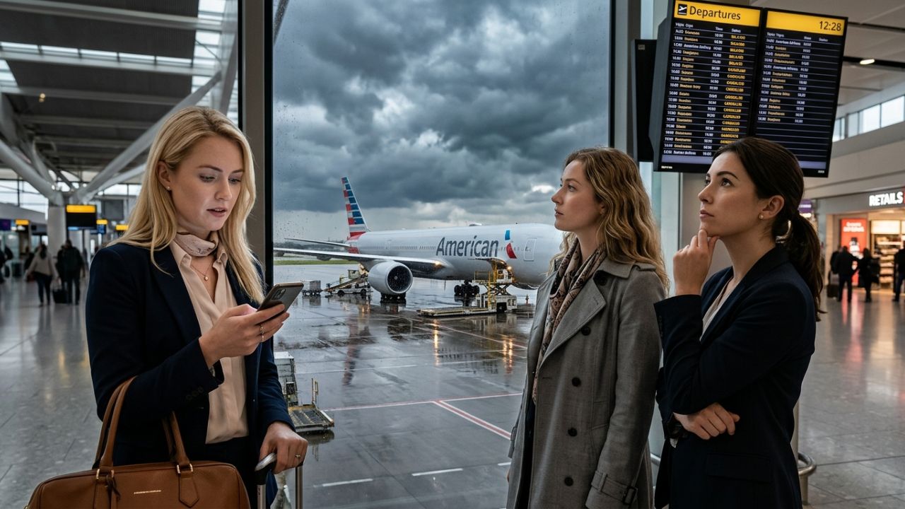 An American Airlines aircraft returning safely to the tarmac at London Heathrow after a mid-air lightning strike.