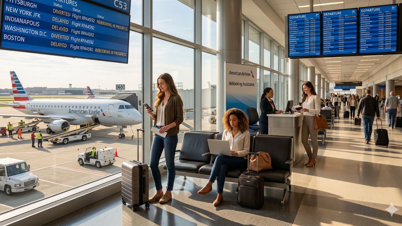 A highly dramatic scene capturing the terrifying emergency diversion of American Airlines Flight RPA4592 at Pittsburgh International Airport amidst massive travel chaos