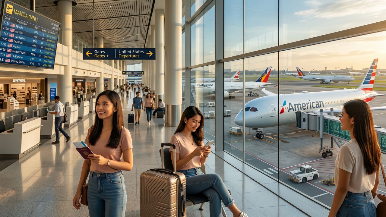 A highly dramatic scene capturing massive passenger congestion and severe travel chaos as American Airlines prepares its high-stakes operational expansion into Manila