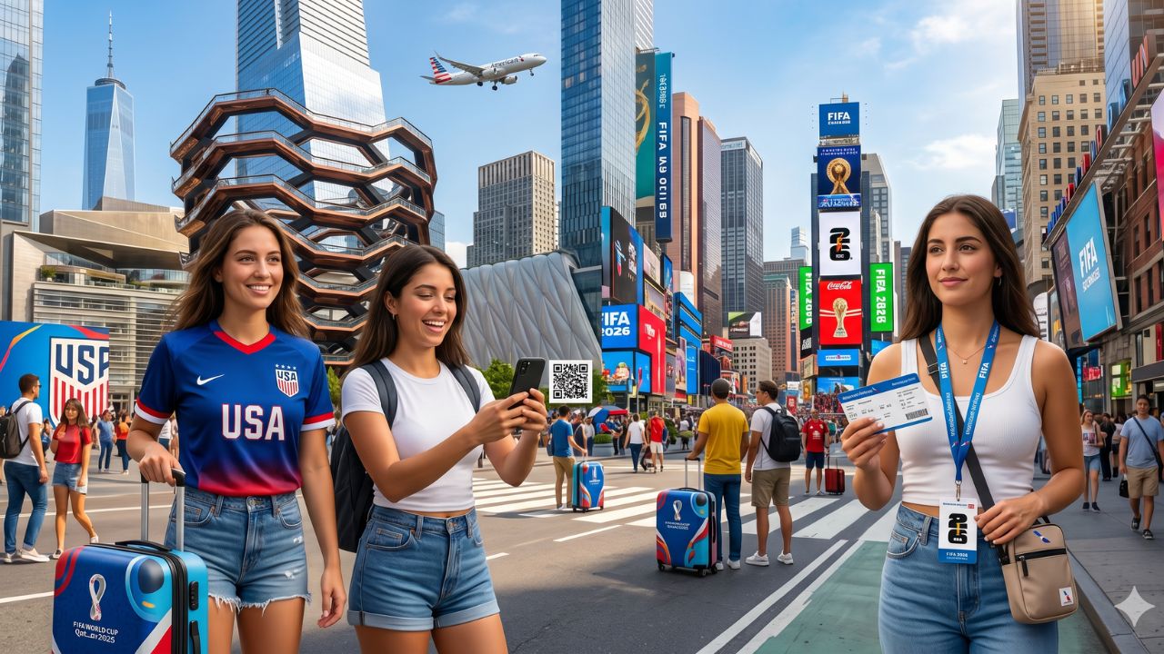 A highly dramatic scene capturing the massive surge of soccer fans causing intense travel chaos and airport disruptions as American Airlines deploys its World Cup 26 operations