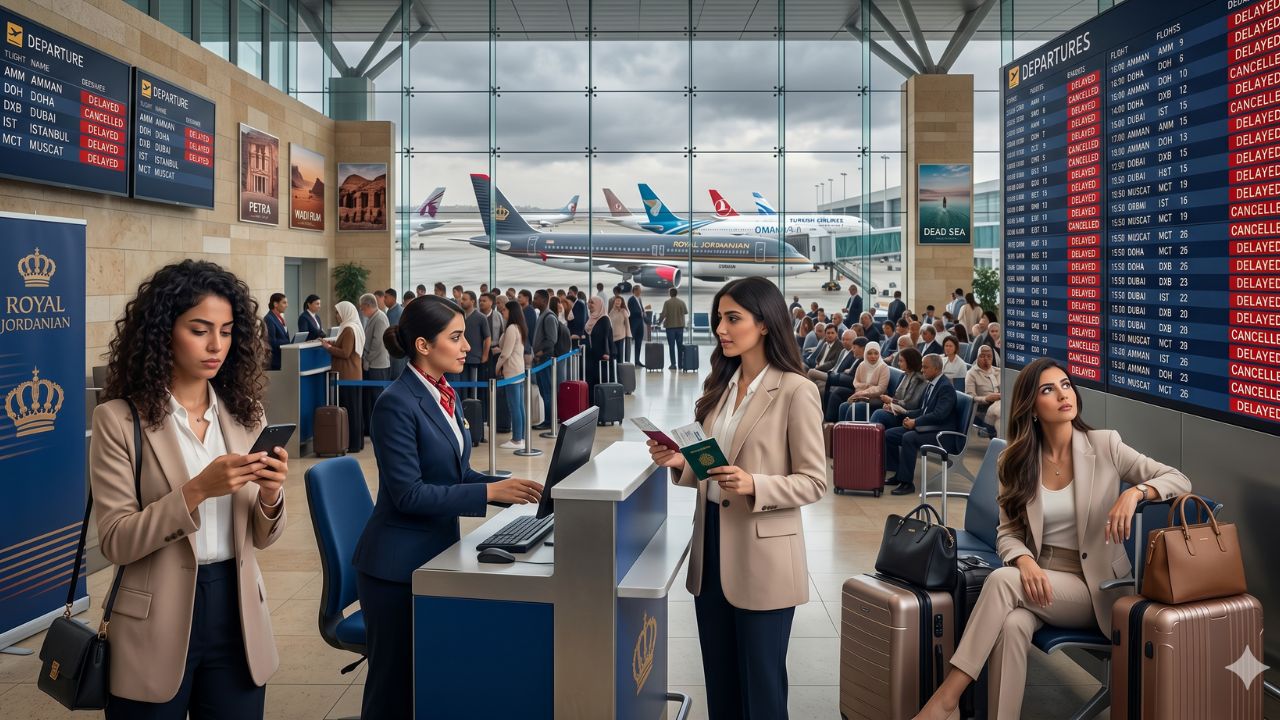 A highly dramatic scene capturing massive passenger congestion and severe travel chaos as desperate passengers face flight delays and massive cancellations at Queen Alia International Airport in Amman