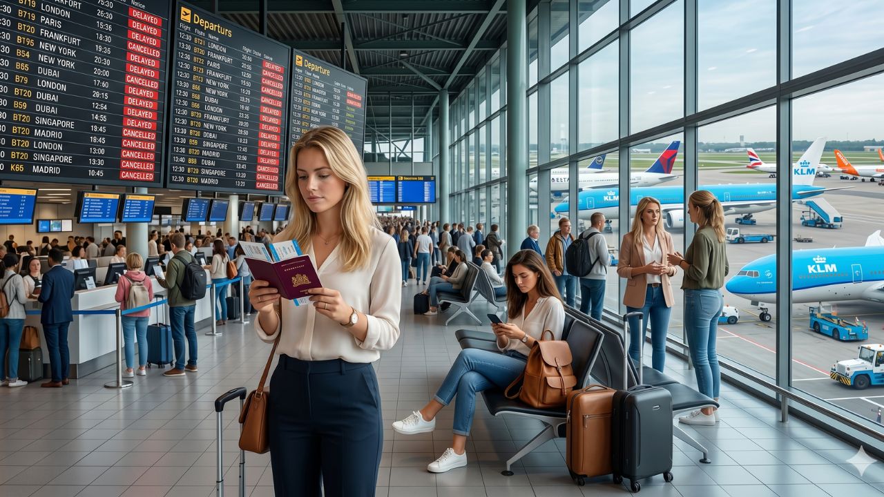 A highly dramatic scene capturing thousands of stranded passengers facing terrifying travel chaos and massive flight cancellations at Amsterdam Schiphol Airport