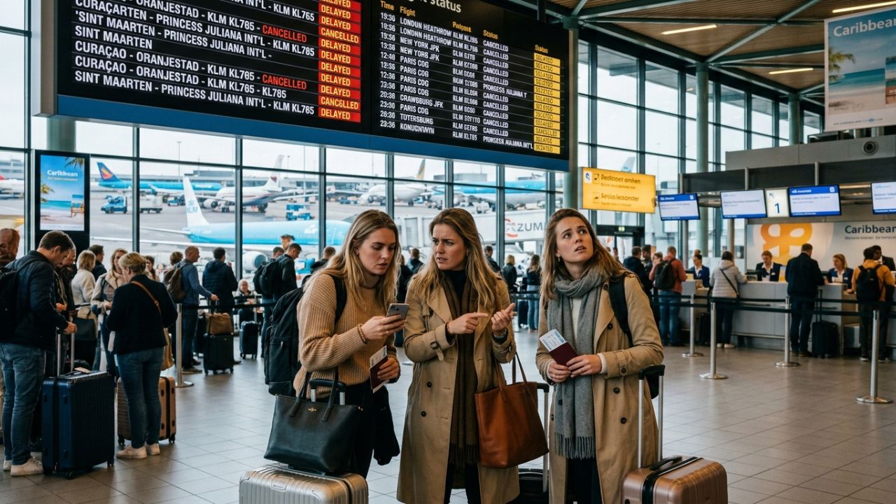 Amsterdam Schiphol Sint Maarten flight cancellations delays travel chaos KLM Delta