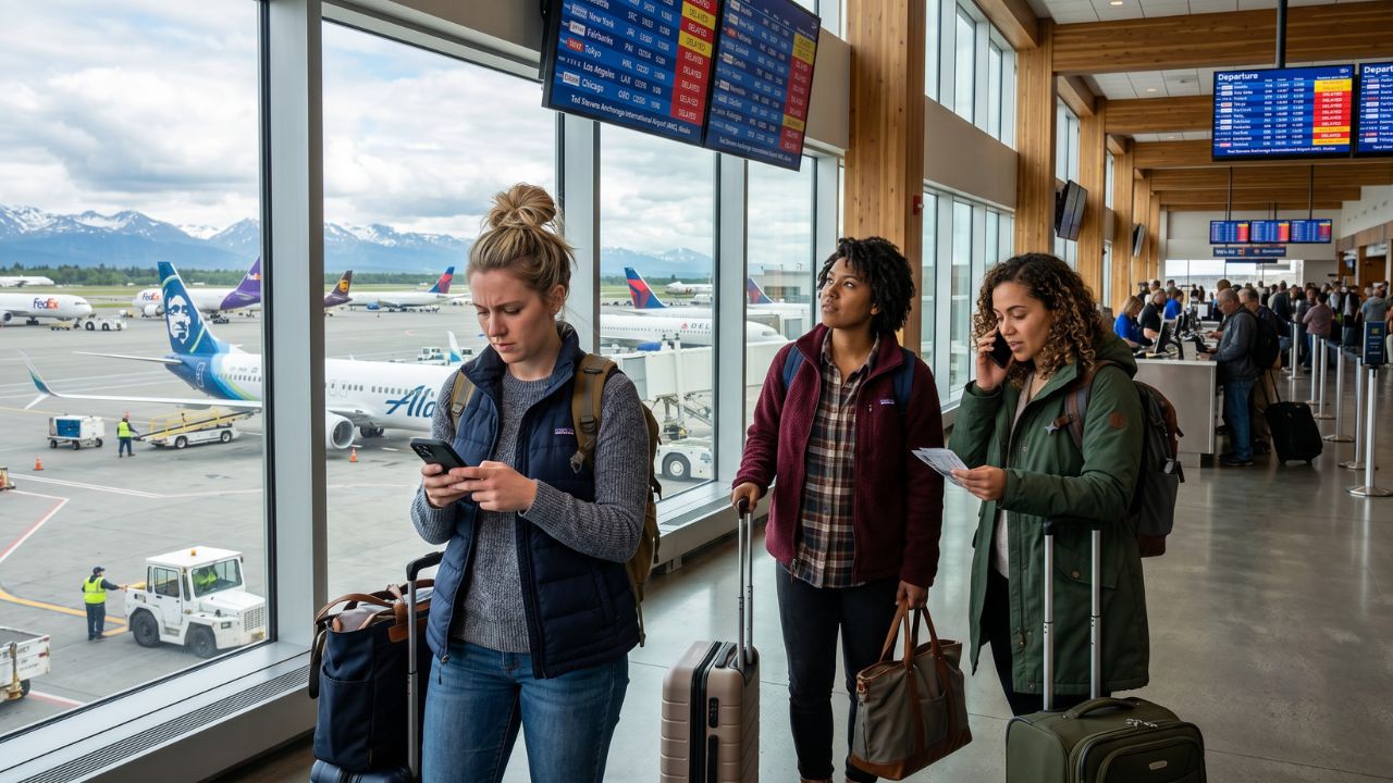 A highly congested tarmac at Ted Stevens Anchorage International Airport, where massive travel chaos and sudden flight cancellations have stranded domestic and international passengers