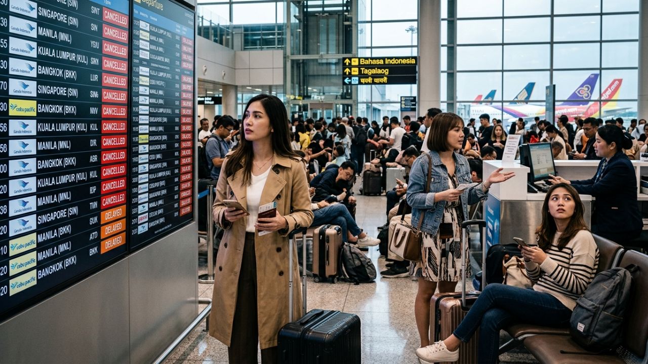 A highly dramatic scene capturing massive passenger frustration as sudden severe flight cancellations violently paralyze major Asian airports, causing extreme travel chaos for Garuda Indonesia and Cebu Pacific travelers