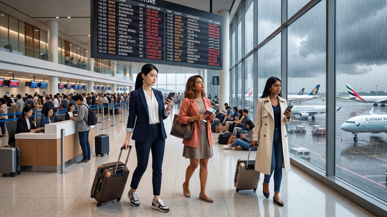 A highly congested, rain-soaked tarmac at Shenzhen Bao’an International Airport, featuring grounded China Eastern and Air China aircraft amidst severe Asian travel chaos and airport disruptions