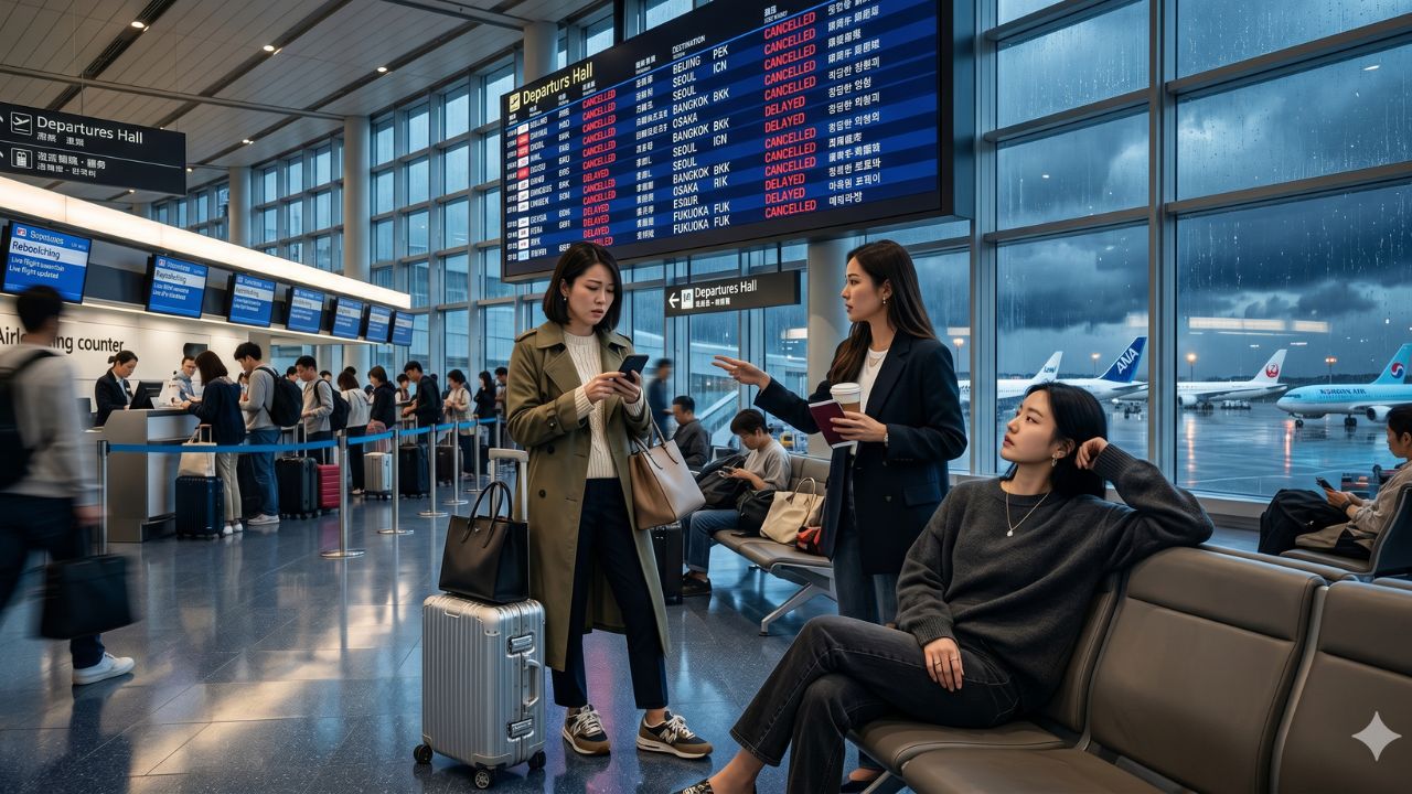 A highly chaotic scene at Tokyo Haneda Airport showing thousands of stranded travelers staring at red departure monitors filled with severe flight cancellations caused by Storm Jangmi