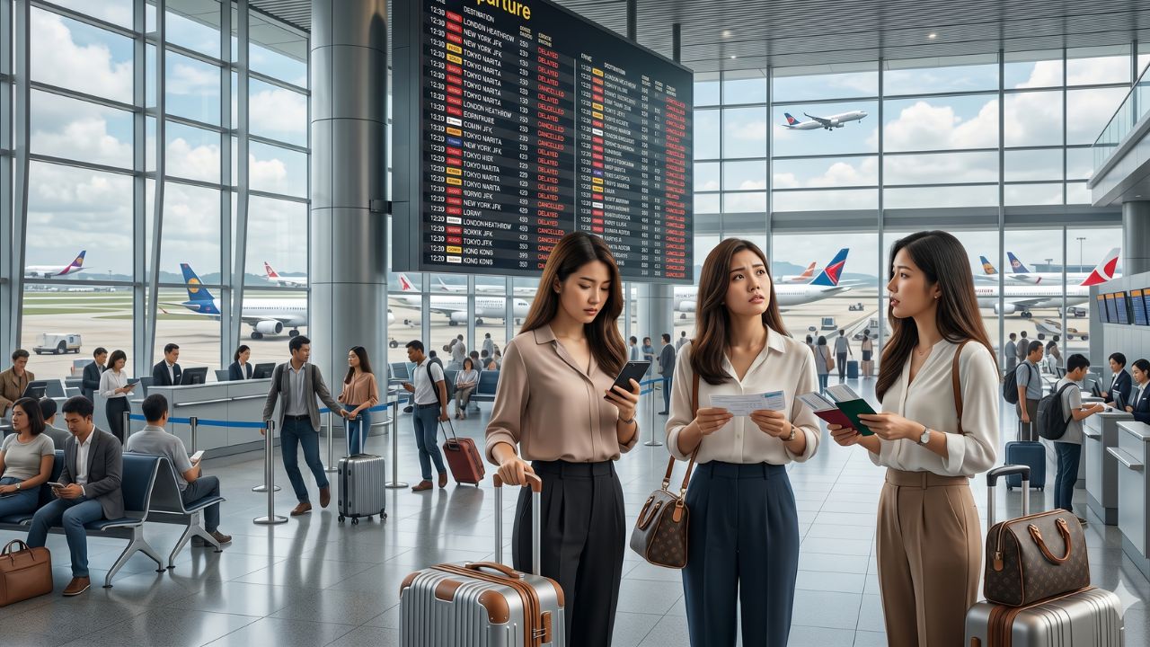 A highly dramatic scene capturing the massive Asian flight disruptions, specifically focusing on the terrifying international travel chaos and severe terminal gridlock across China, UAE, Thailand, and Singapore