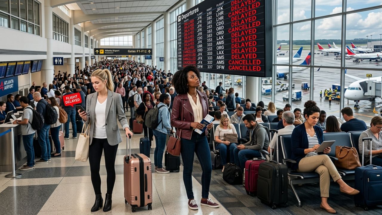 A massive crowd of stranded international passengers desperately checking the glowing departure boards at Hartsfield-Jackson Atlanta Airport amidst severe travel chaos and flight cancellations