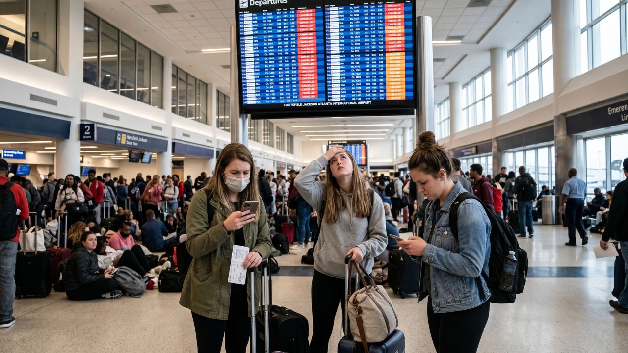 Exhausted passengers stranded among severe travel chaos and delayed flight boards inside the gridlocked Hartsfield-Jackson Atlanta International Airport terminal