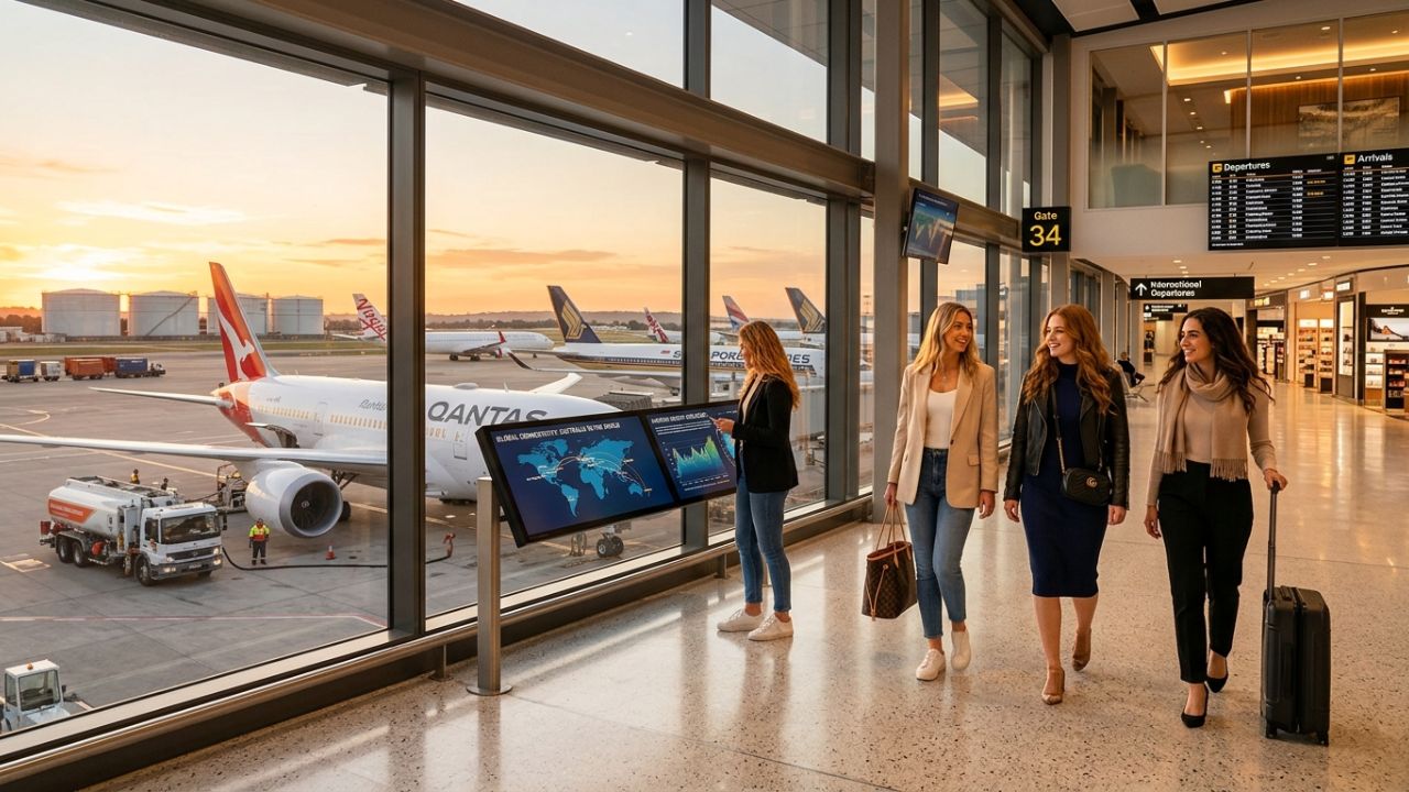 A highly dramatic scene capturing massive fuel reserves and a commercial jet being fueled on the tarmac, representing a strategic national deployment designed to rescue global airlines from severe supply chain disruptions and travel chaos
