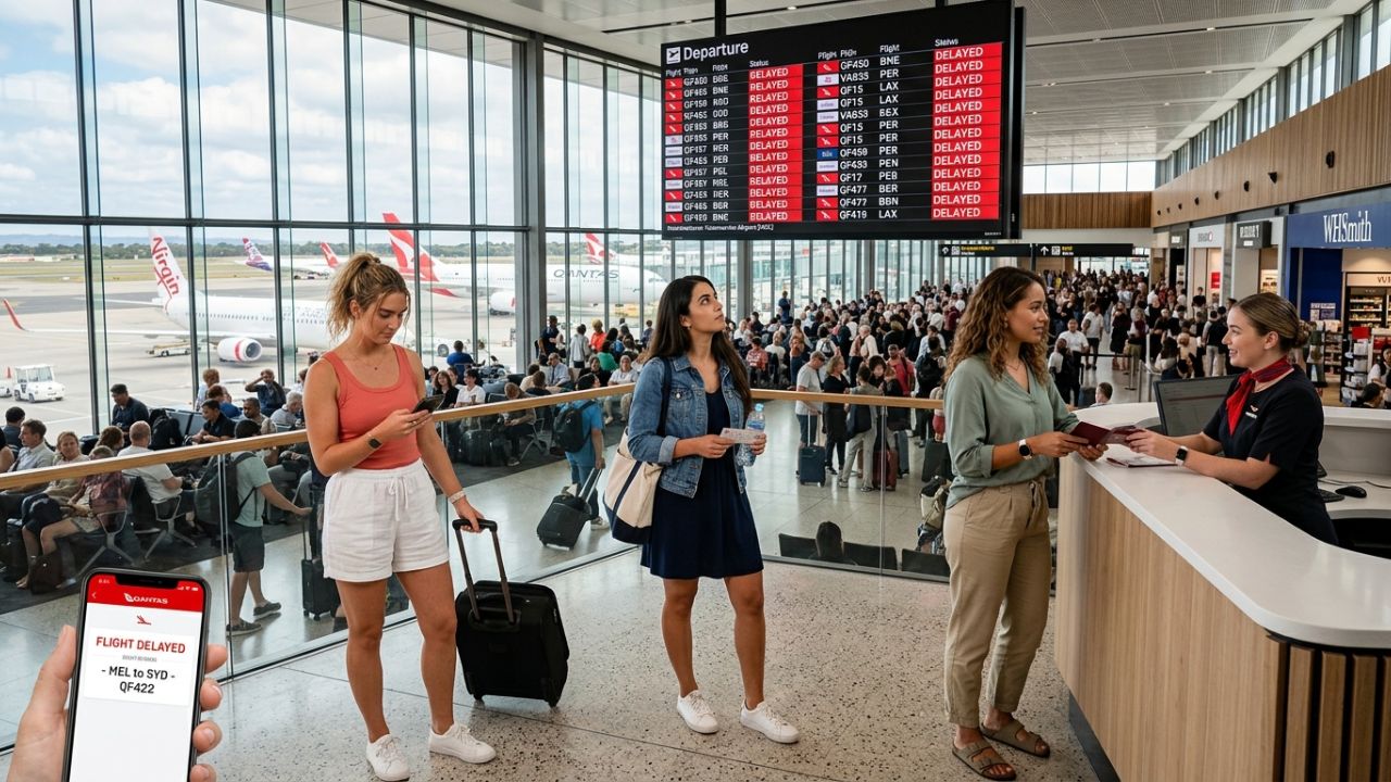 A massive crowd of stranded passengers desperately checking the glowing departure boards at Sydney Airport amidst severe travel chaos and flight cancellations affecting Qantas and Virgin Australia