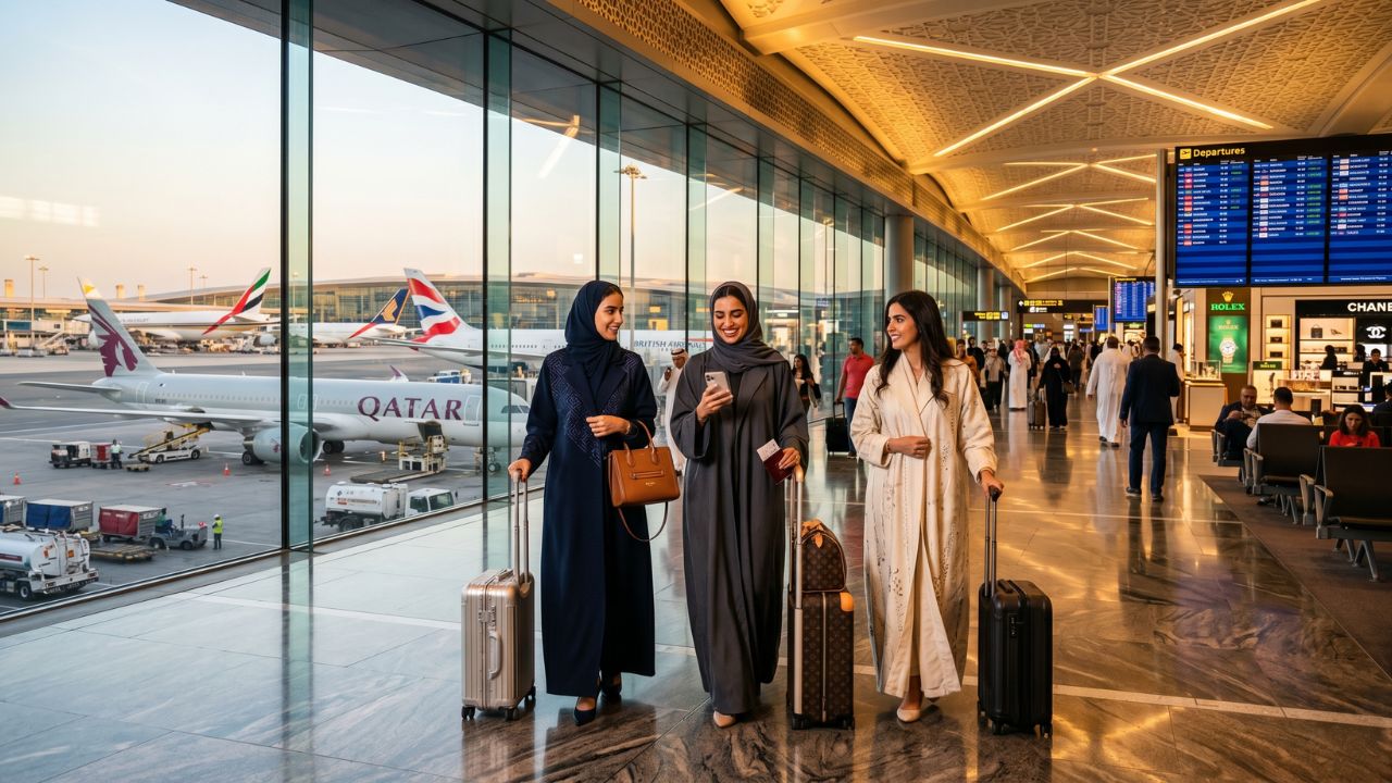 A busy terminal at a major Middle Eastern transit hub, celebrating the end of massive travel chaos and flight cancellations following Australia's official downgrade of regional security warnings