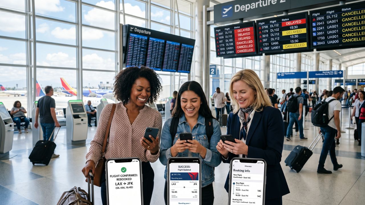 A traveler using a smartphone app to instantly bypass massive travel chaos and rebook a cancelled flight inside a heavily disrupted airport terminal