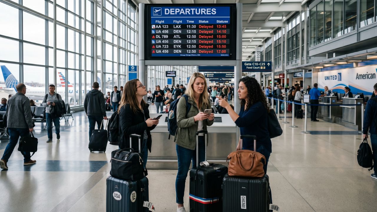 Exhausted passengers trapped among massive travel chaos and delayed flight boards inside a gridlocked Baltimore/Washington International Airport terminal