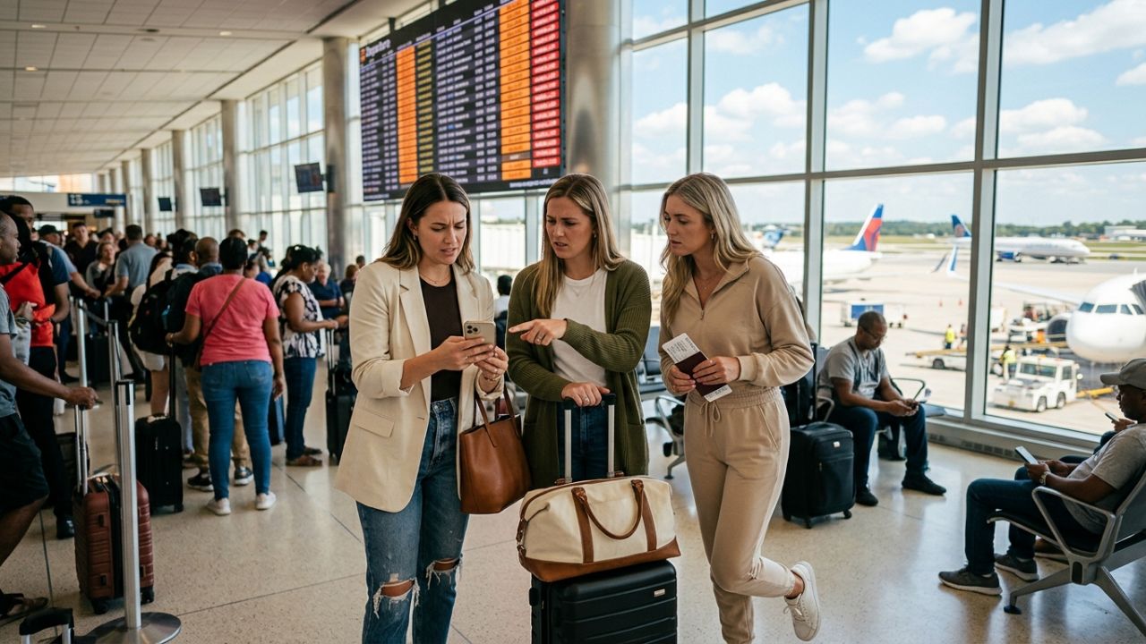 A severely congested terminal at Baltimore/Washington International Airport, depicting stranded Northeast passengers caught in massive travel chaos and flight cancellations