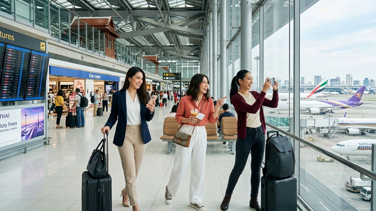 A highly advanced, expanded terminal at Bangkok's Suvarnabhumi Airport processing thousands of international passengers efficiently, entirely bypassing the severe travel chaos and flight cancellations affecting rival Asian hubs