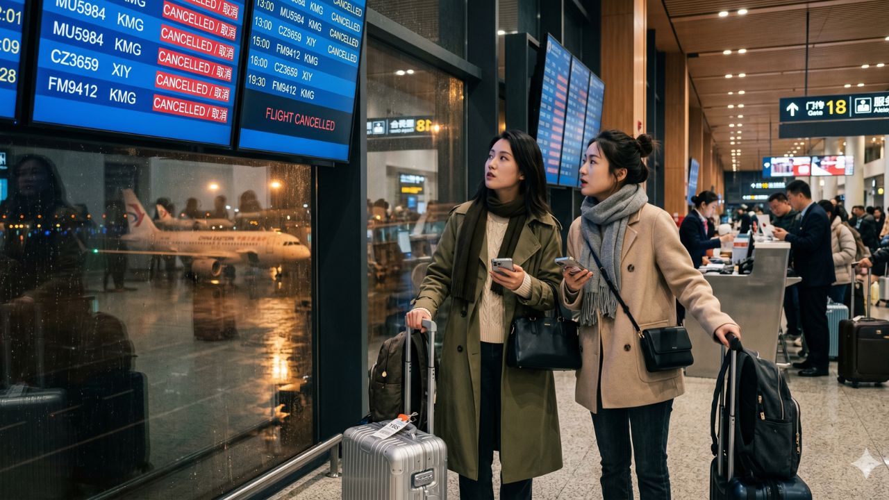 A highly chaotic scene at Baoshan Airport showing desperate crowds of passengers stranded by severe flight cancellations and severed connections to Kunming and Xi'an