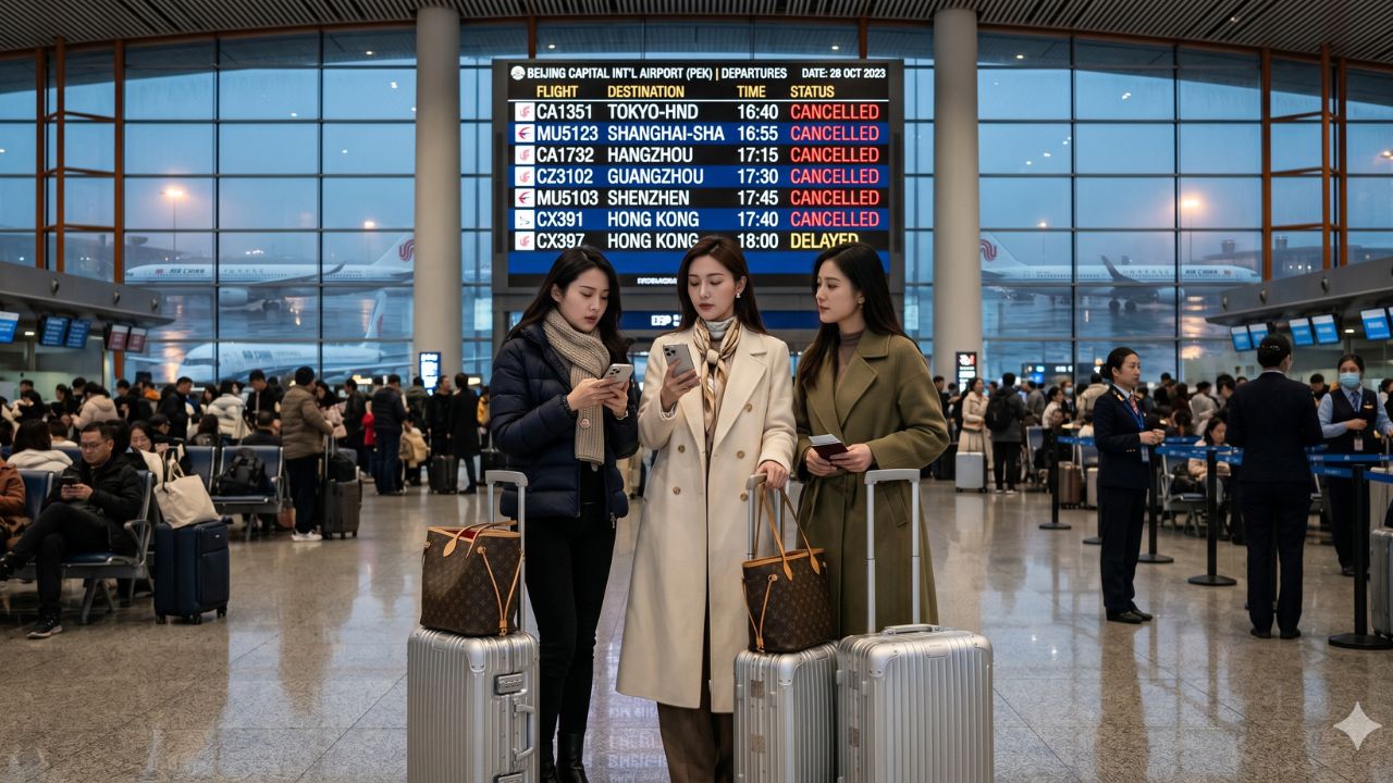 A highly chaotic scene at Beijing Capital International Airport showing desperate crowds of passengers stranded by over 50 severe flight cancellations and severed connections to Shanghai and Tokyo