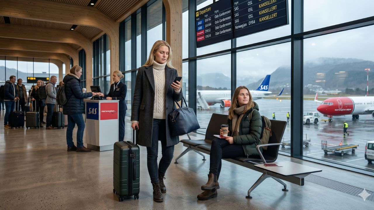 A highly chaotic scene at Bergen Flesland Airport in Norway showing desperate crowds of passengers stranded by severe flight cancellations and severed connections to Oslo