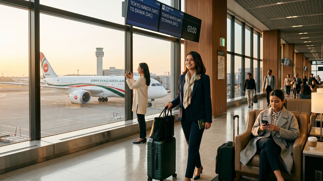 A majestic Biman Bangladesh Airlines wide-body jet touching down smoothly at Tokyo Narita International Airport, restoring the vital direct aviation link with Dhaka