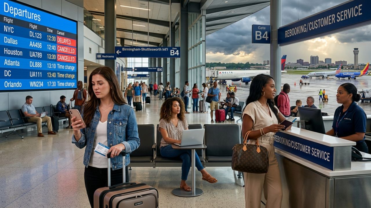 A highly congested, totally gridlocked terminal at Birmingham-Shuttlesworth International Airport filled with stranded passengers, symbolizing the massive travel chaos and severe flight cancellations actively crushing the regional aviation network.