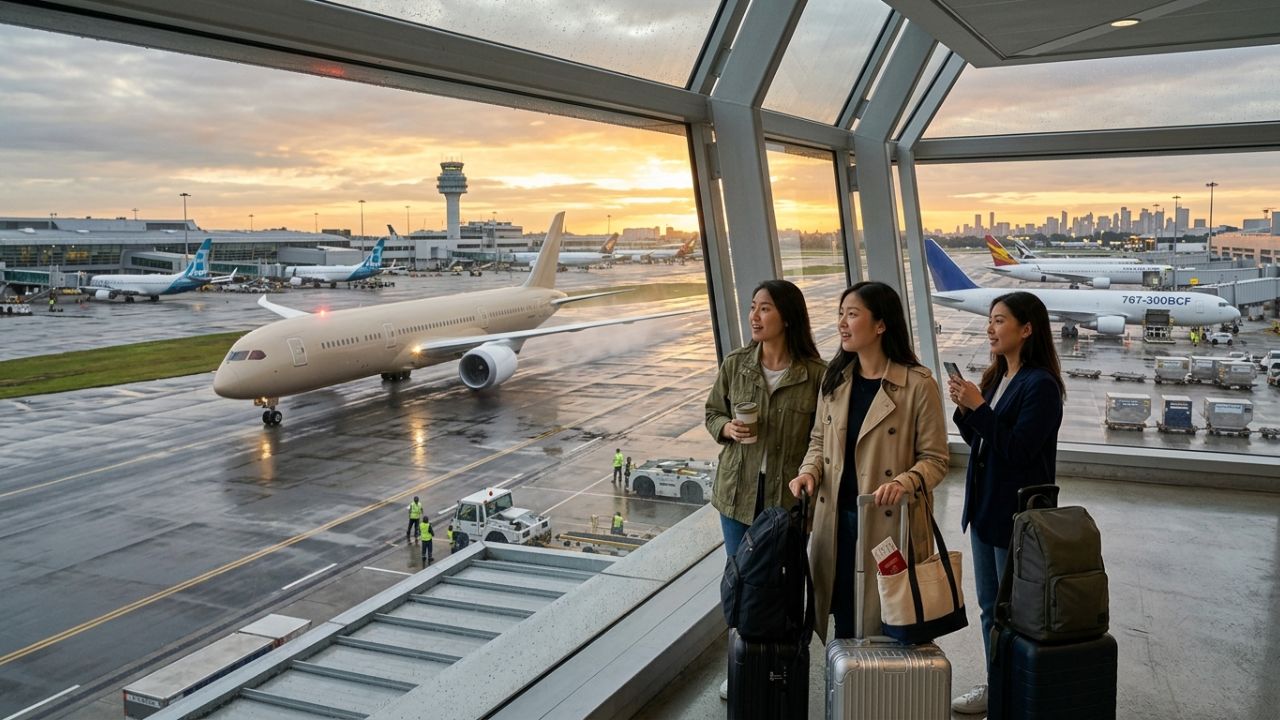 A highly disciplined Flair Airlines Boeing 737 MAX taxiing past legacy carriers, symbolizing a structural bypass around massive travel chaos and airport disruptions