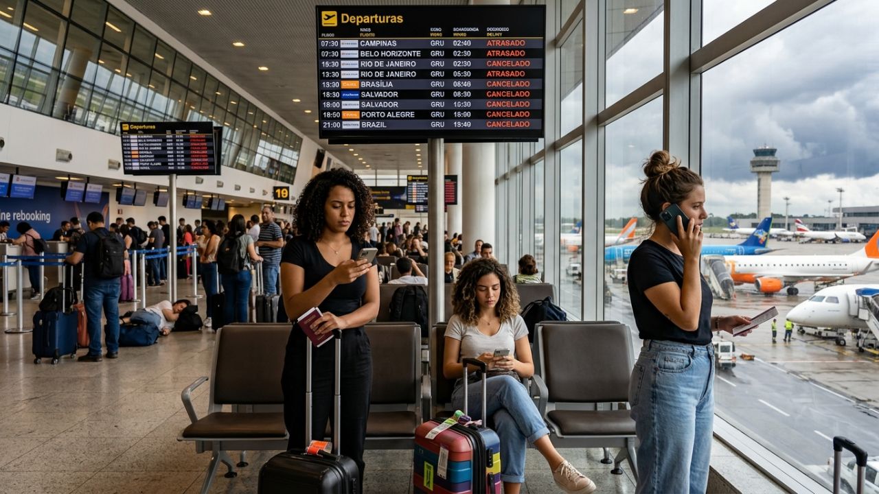 A highly congested departure terminal at São Paulo-Guarulhos International Airport, capturing the severe travel chaos as stranded passengers face massive flight cancellations and cascading delays.