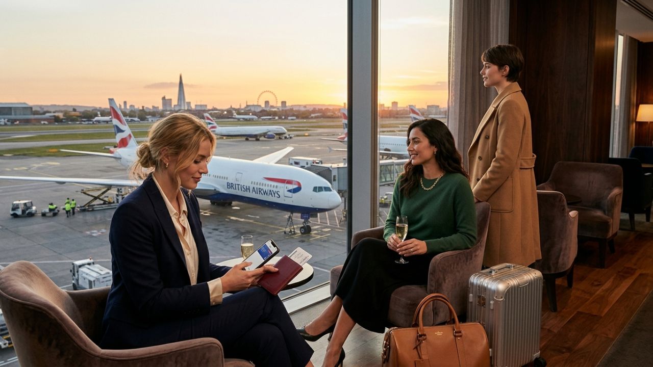 A highly dramatic scene capturing massive passenger relief as British Airways aggressively launches its exclusive Avios-only flight to New York, violently shielding elite travelers from terrifying flight cancellations and regional airport disruptions