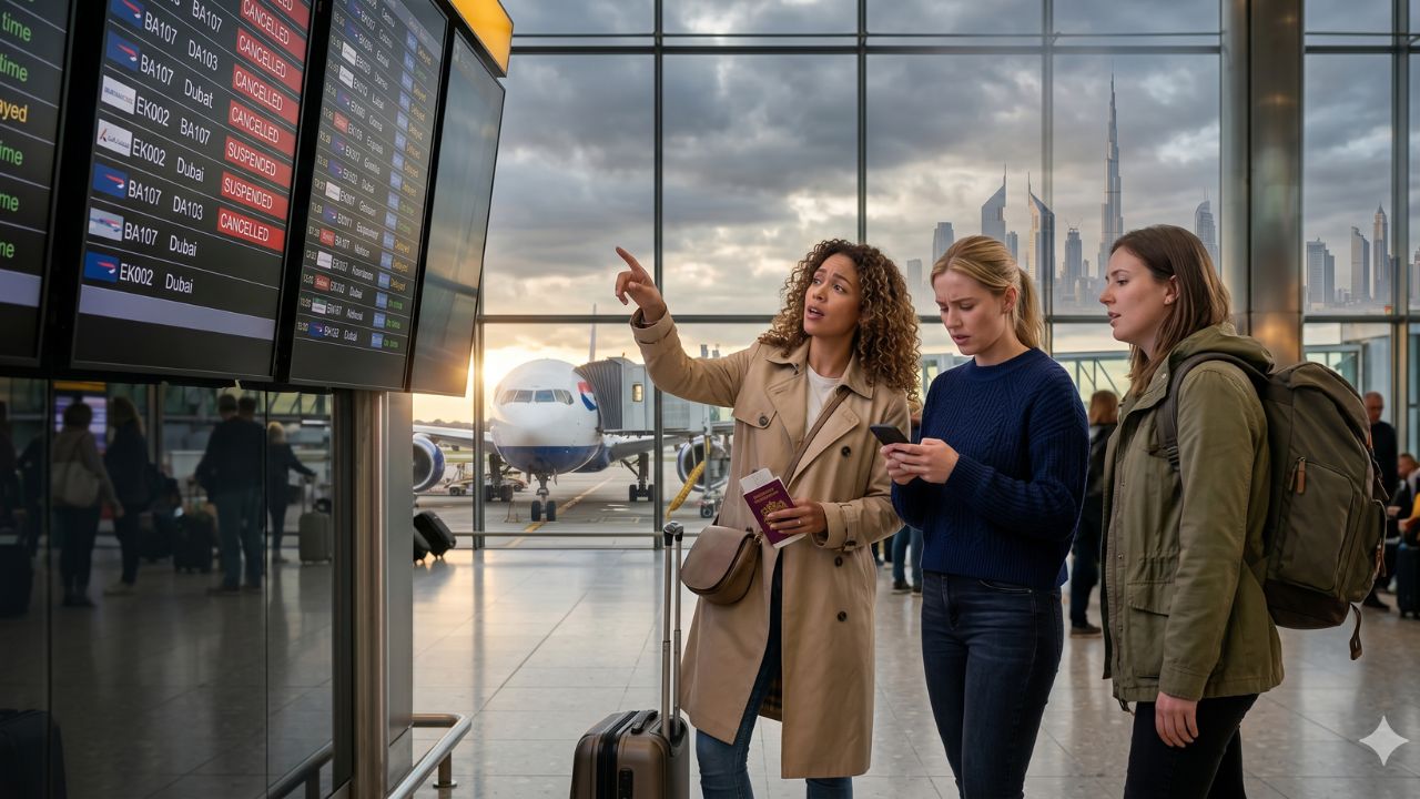 A highly dramatic scene capturing the massive British Airways flight cancellations, specifically sparking terrifying international travel chaos and severe global airport disruptions