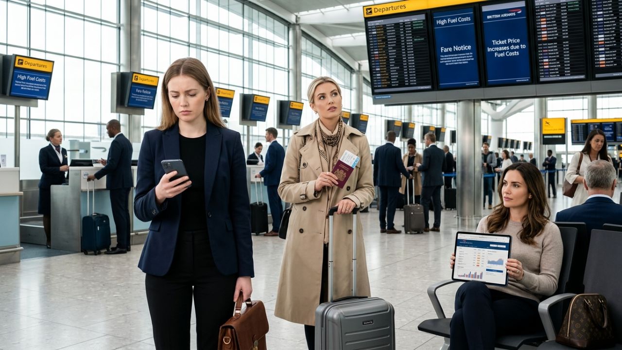 A highly dramatic scene capturing British Airways aviation authorities aggressively battling severe international travel chaos and massive fare increases triggered by an extreme geopolitical fuel conflict