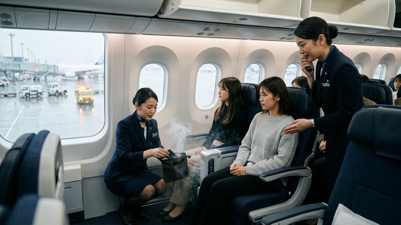 A British Airways aircraft returning to the stand at Tokyo Haneda Airport after a passenger smartphone caught fire, triggering emergency protocols and halting departure