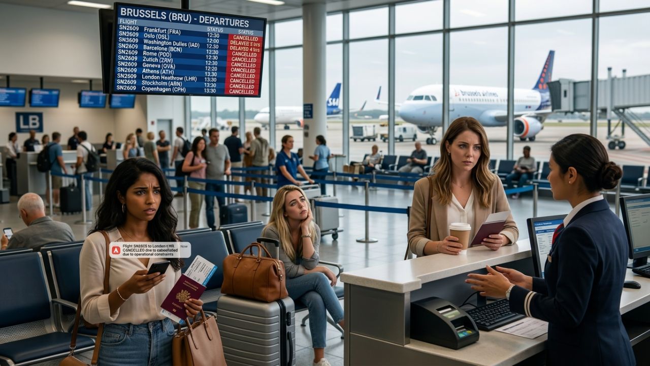 A highly dramatic scene capturing severe travel chaos and massive passenger outrage at Brussels Airport amidst global flight cancellations