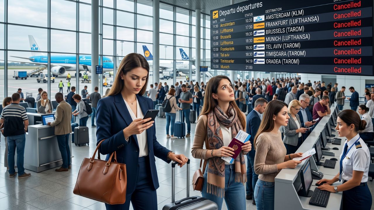 A highly dramatic scene capturing massive passenger confusion and severe travel chaos as a catastrophic 10-flight cancellation violently paralyzes Bucharest Henri Coandă International Airport