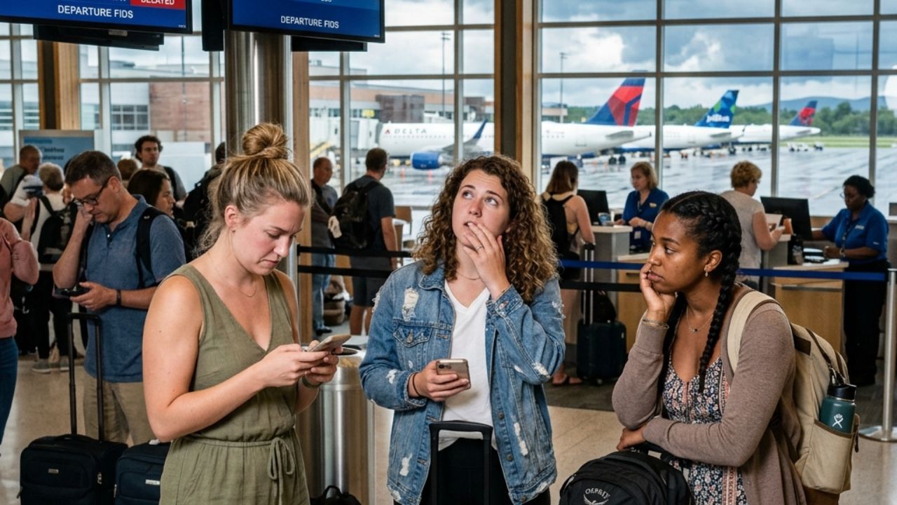 Passengers facing severe travel chaos and flight cancellations inside the terminal at Patrick Leahy Burlington International Airport
