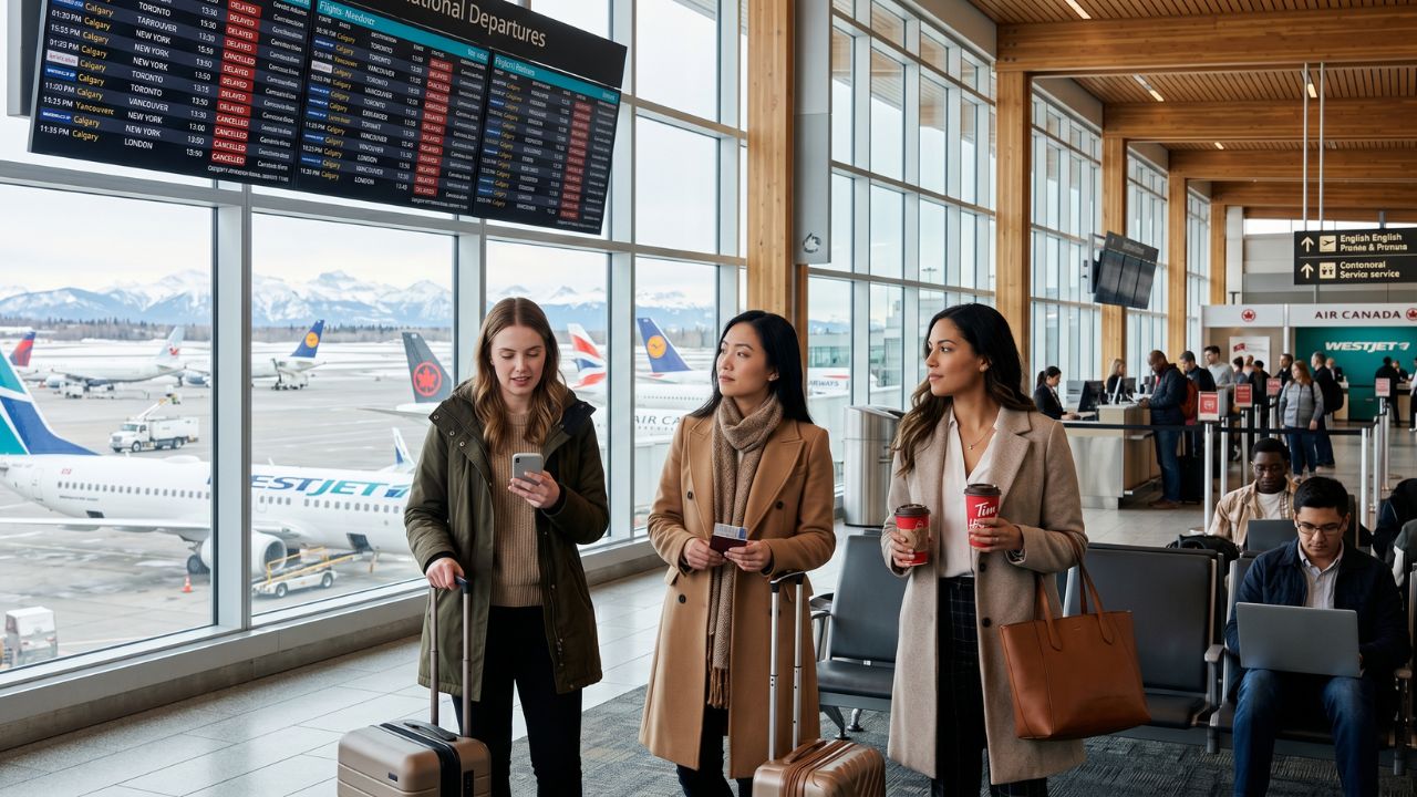 A highly congested departures terminal at Calgary International Airport, with stranded passengers staring at a massive flight board displaying widespread delays and cancellations for WestJet and Air Canada Rouge
