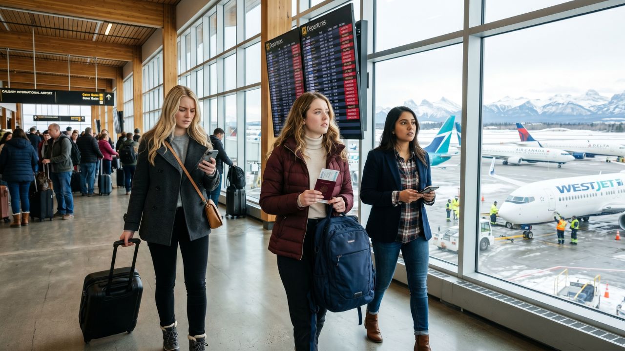 A highly congested departure terminal at Calgary International Airport, where severe travel chaos and sudden flight cancellations have stranded domestic and transborder passengers