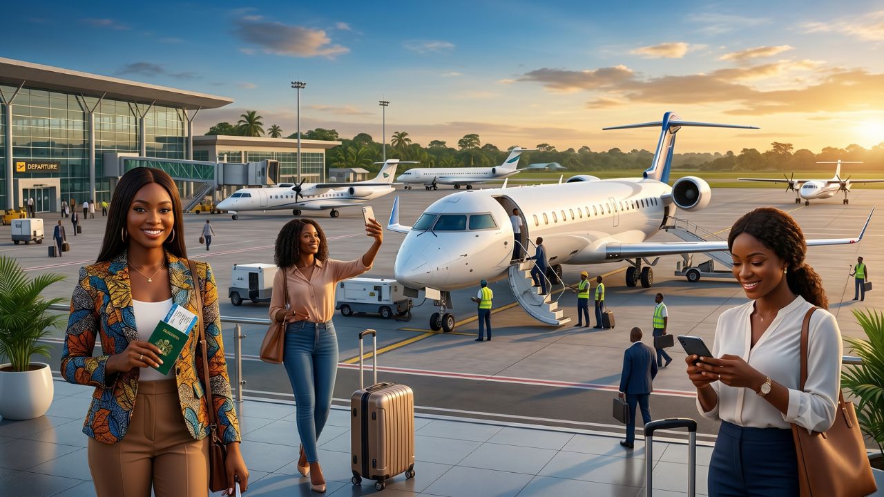 A highly dramatic scene capturing massive passenger congestion and severe travel chaos as Cally Air aggressively deploys the Bombardier CRJ1000 to crush terminal gridlock across Nigeria