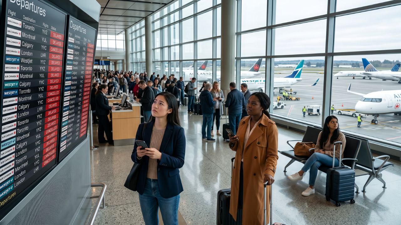 A massive crowd of stranded passengers staring at a sea of red canceled flight statuses on a departure board inside a Canadian airport terminal