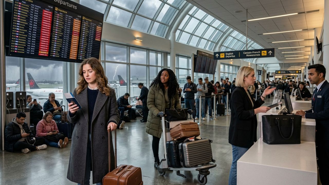 A highly dramatic scene capturing massive passenger frustration as sudden severe flight cancellations violently paralyze major Canadian airports, causing extreme travel chaos for Air Canada and WestJet travelers