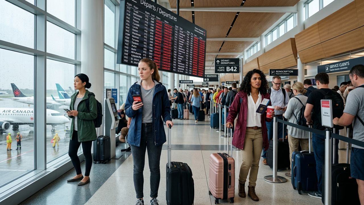 A massive crowd of stranded passengers desperately checking the glowing departure boards at Toronto Pearson International Airport amidst severe travel chaos and flight cancellations affecting Air Canada