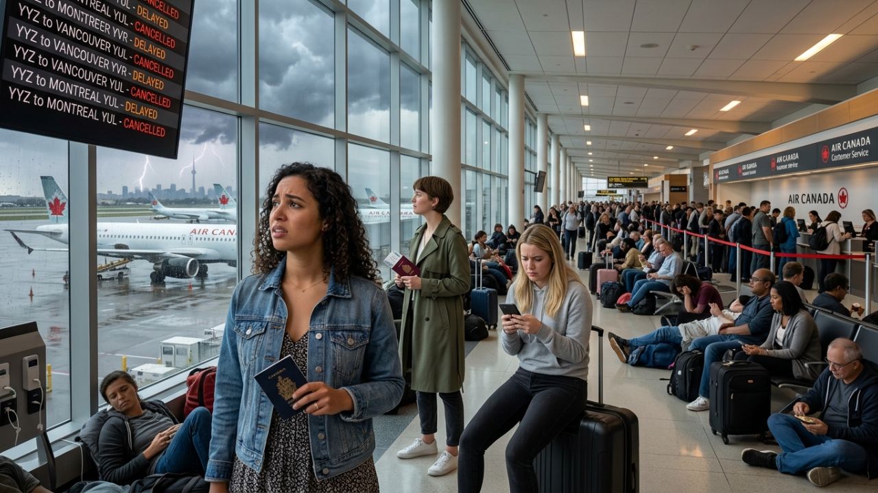 A highly dramatic scene capturing massive passenger frustration as sudden severe thunderstorms violently paralyze major Canadian airports, causing extreme travel chaos for Air Canada and WestJet travelers
