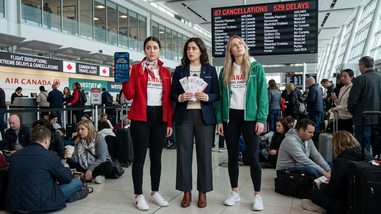 A highly congested departure terminal at Toronto Pearson International Airport showing passengers stranded by massive Air Canada and WestJet flight cancellations.