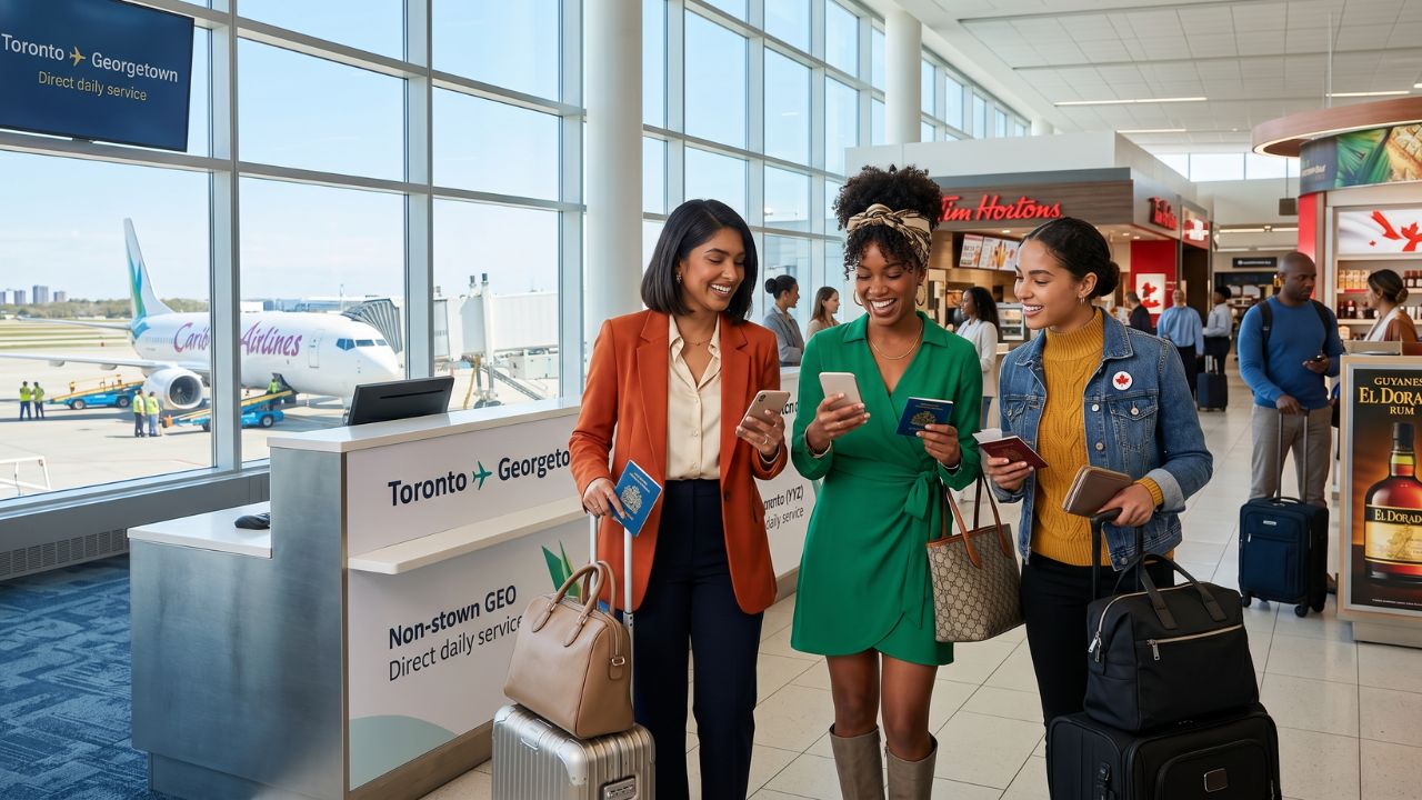 A Caribbean Airlines aircraft parked at a Toronto terminal, symbolizing a new nonstop route designed to bypass regional travel chaos and connect to Georgetown