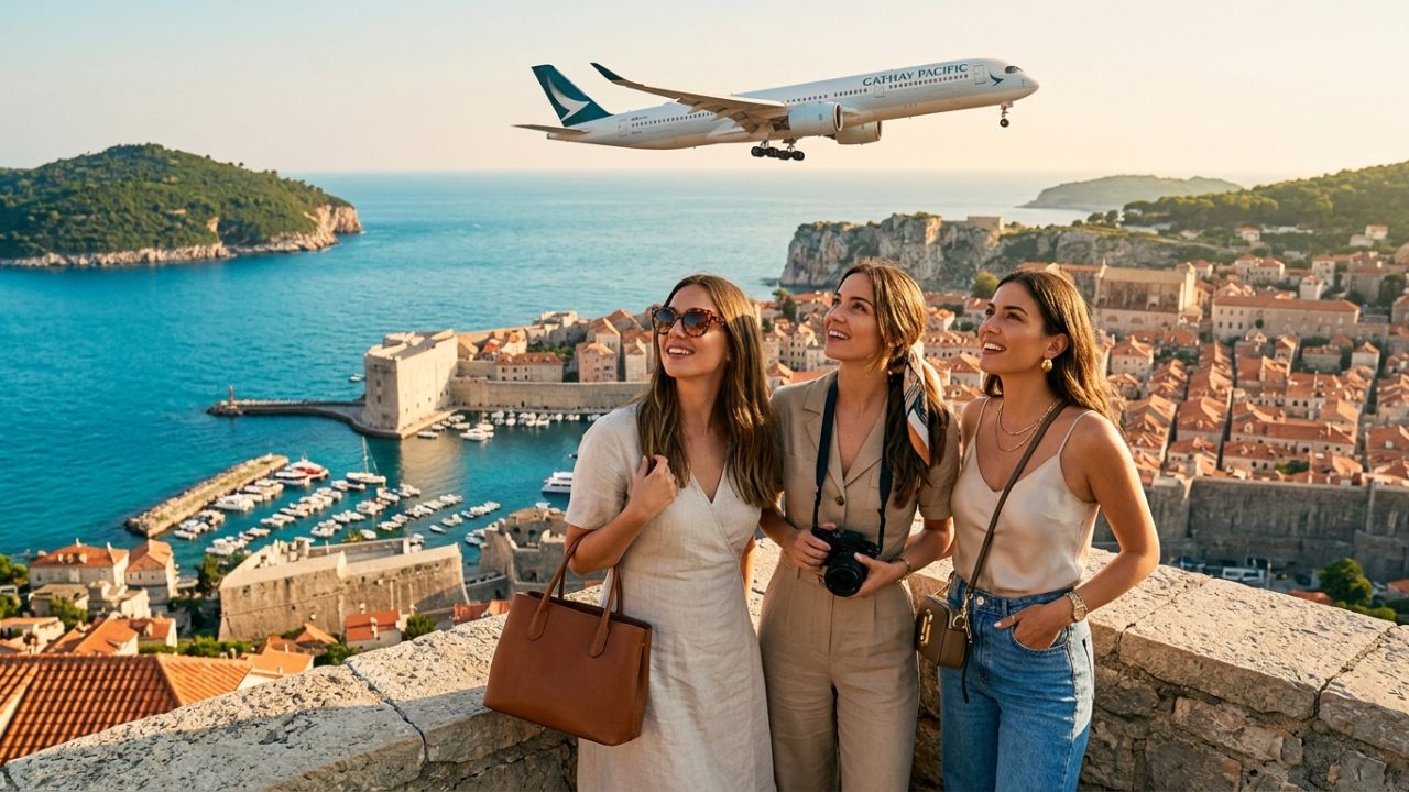 A Cathay Pacific wide-body jet, symbolizing the proposed direct long-haul route connecting Hong Kong to Croatia to bypass European transit chaos