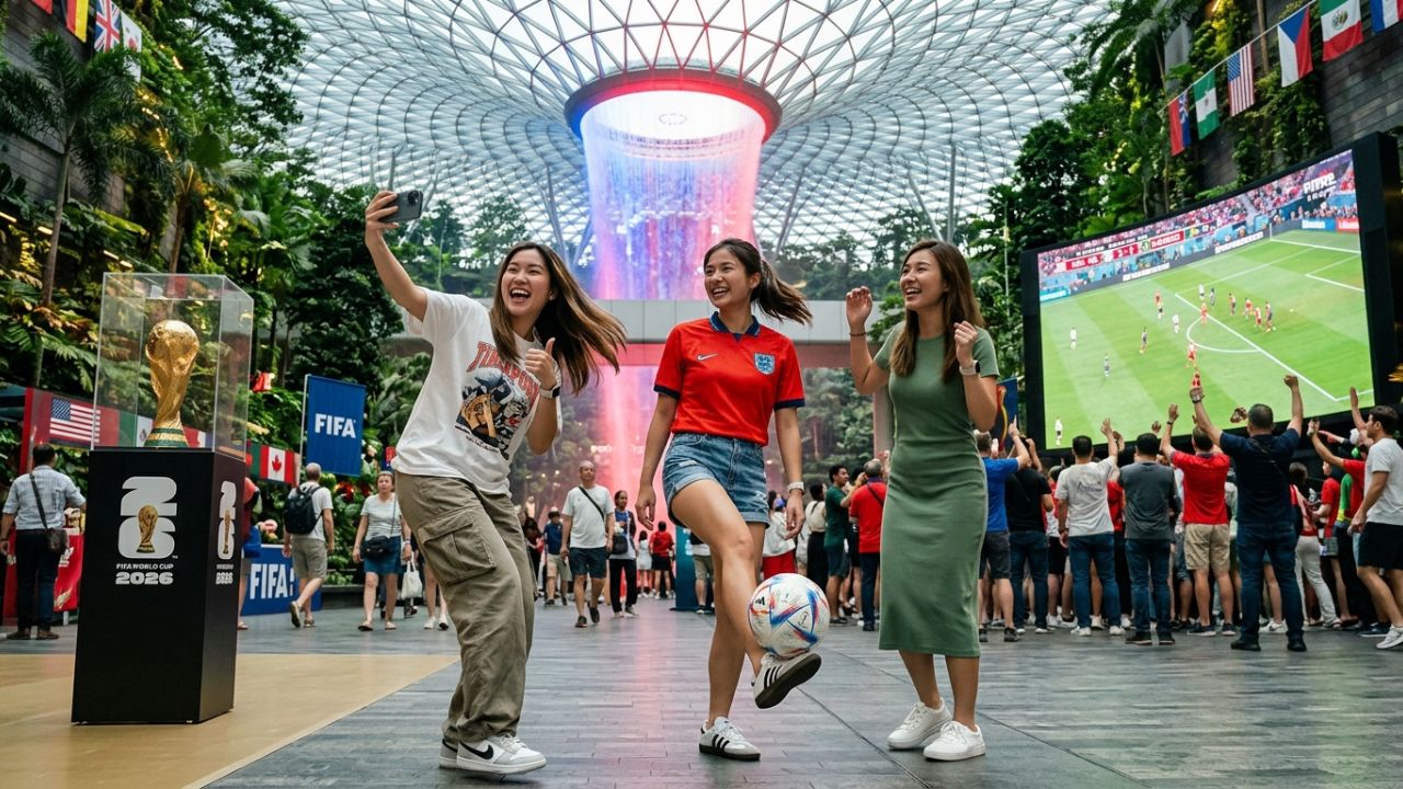 A highly dramatic scene capturing a massive LED screen broadcasting a World Cup match inside Changi Airport's Terminal 3, representing a strategic deployment designed to pacify international travelers during severe airport disruptions