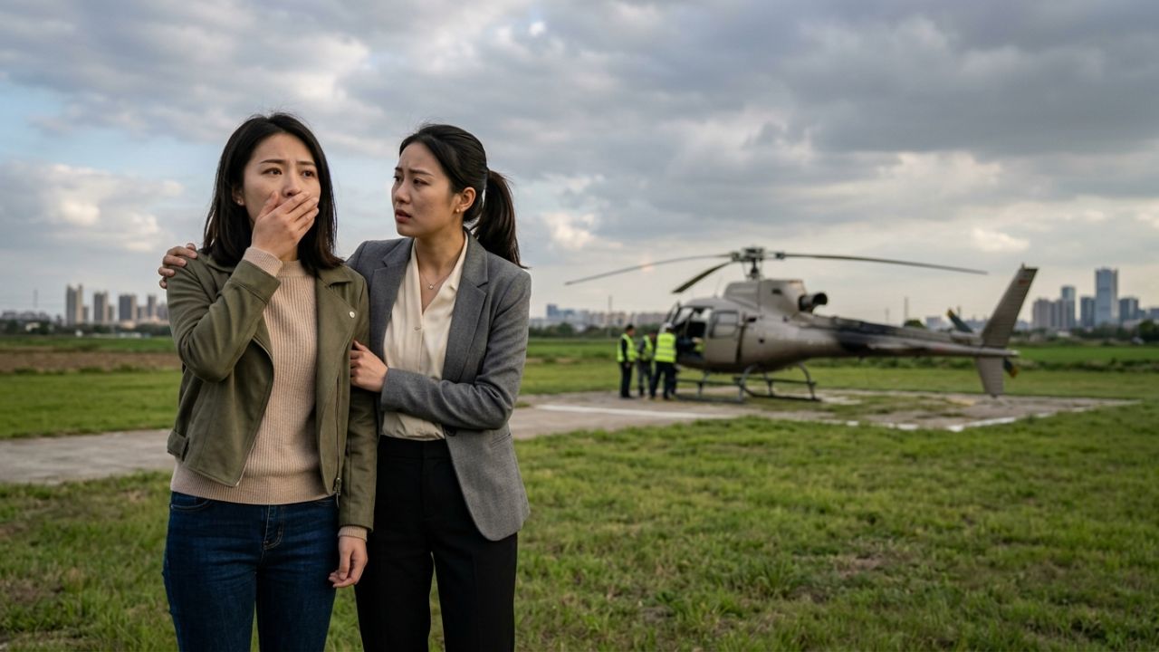 A severely damaged helicopter sitting on the ground after an emergency landing, representing severe aviation mechanical failure.