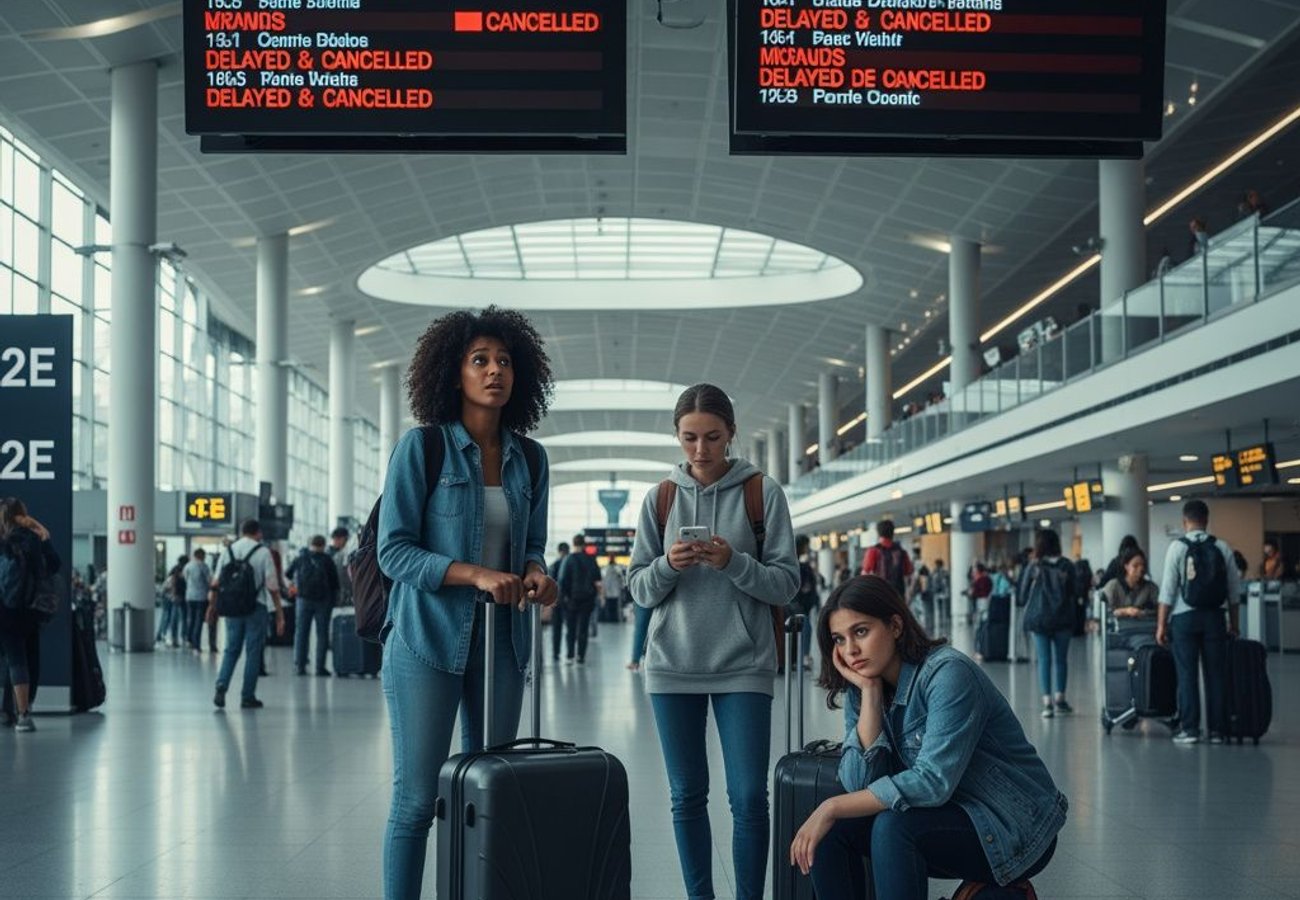 Charles de Gaulle Airport terminal with flight information displays showing delays and cancellations