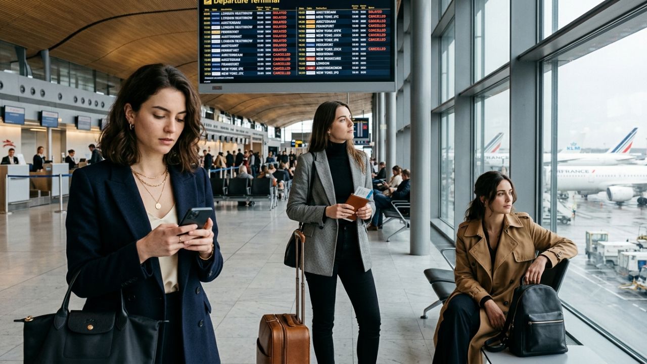 A highly dramatic scene capturing massive passenger frustration as Paris Charles de Gaulle Airport is paralyzed by 137 flight delays and terrifying flight cancellations, sparking severe terminal bottlenecks and regional travel chaos